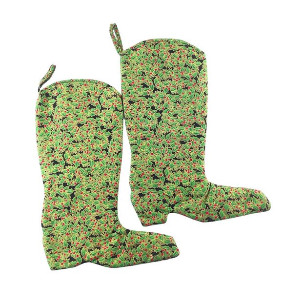 Christmas Stocking Cowboy Boot Shape Holly Berry Print Handmade - Picture 4 of 7